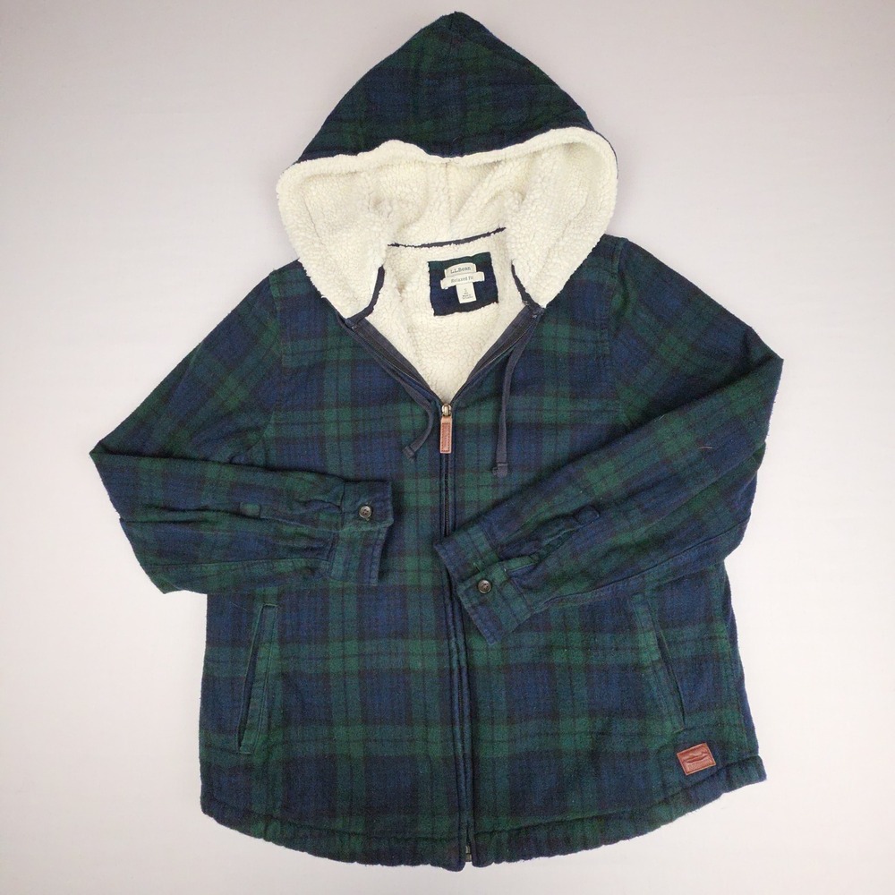 LL Bean Sherpa Lined Flannel Jacket Women S Green Plaid 505453 Relaxed Fit